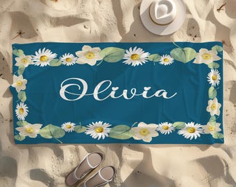 Personalized Daisy Beach Towel, Retro Floral Pool Towel