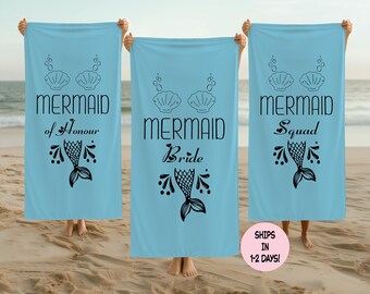 Personalized Mermaid Bachelorette Beach Towel, Custom Bridal Party Towel, Bridesmaid, Bride Tribe Gift