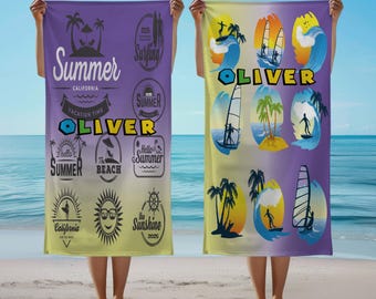 Custom Name Beach Towel, Surfing Sailing Theme