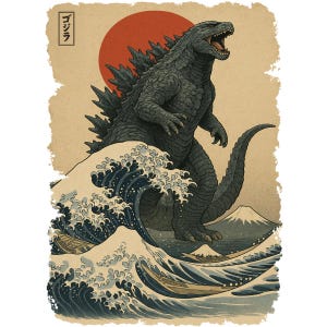 Godzilla Attack PNG, Godzilla Retro Vintage Sunset Background Graphic PNG, Godzilla and greatwave png, Retro Monster Digital Download