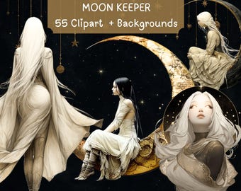 Moon Keepers 40 PNG + 15 Backgrounds, DIY, Cards, Junk Journal kit, Scrapbooking Supplies, Commercial use!