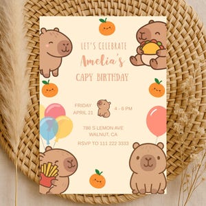 Capybara Birthday Invitation | Editable Capybara Party Canva Template | Kawaii Capy Birthday Invite | Digital Download 5x7