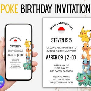 Convite digital de aniversário, convite de aniversário Poke, festa de primeiro aniversário, convite para impressão, convite para aniversariante, modelo de convite Evite