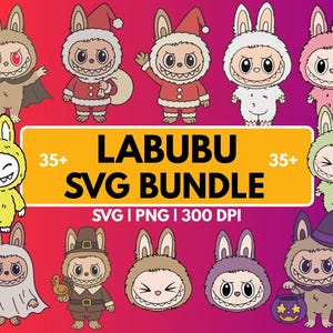Lot de 36 Labubu Svg, Clipart PNG, Labubu Cricut, T Shirt Svg, Happy Labubu Svg, sublimation des cliparts personnage mignon, autocollants, art kawaii