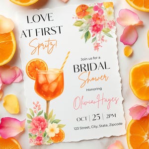 Love at First Spritz bruidsuitnodiging, sjabloon Aperol Spritz citruscanva, oranje bloemenbrunch digitale uitnodiging