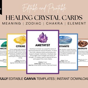 82 tarjetas imprimibles con el significado de cristales y piedras preciosas. Uso personal y comercial. Guías de sanación y bienestar con cristales.