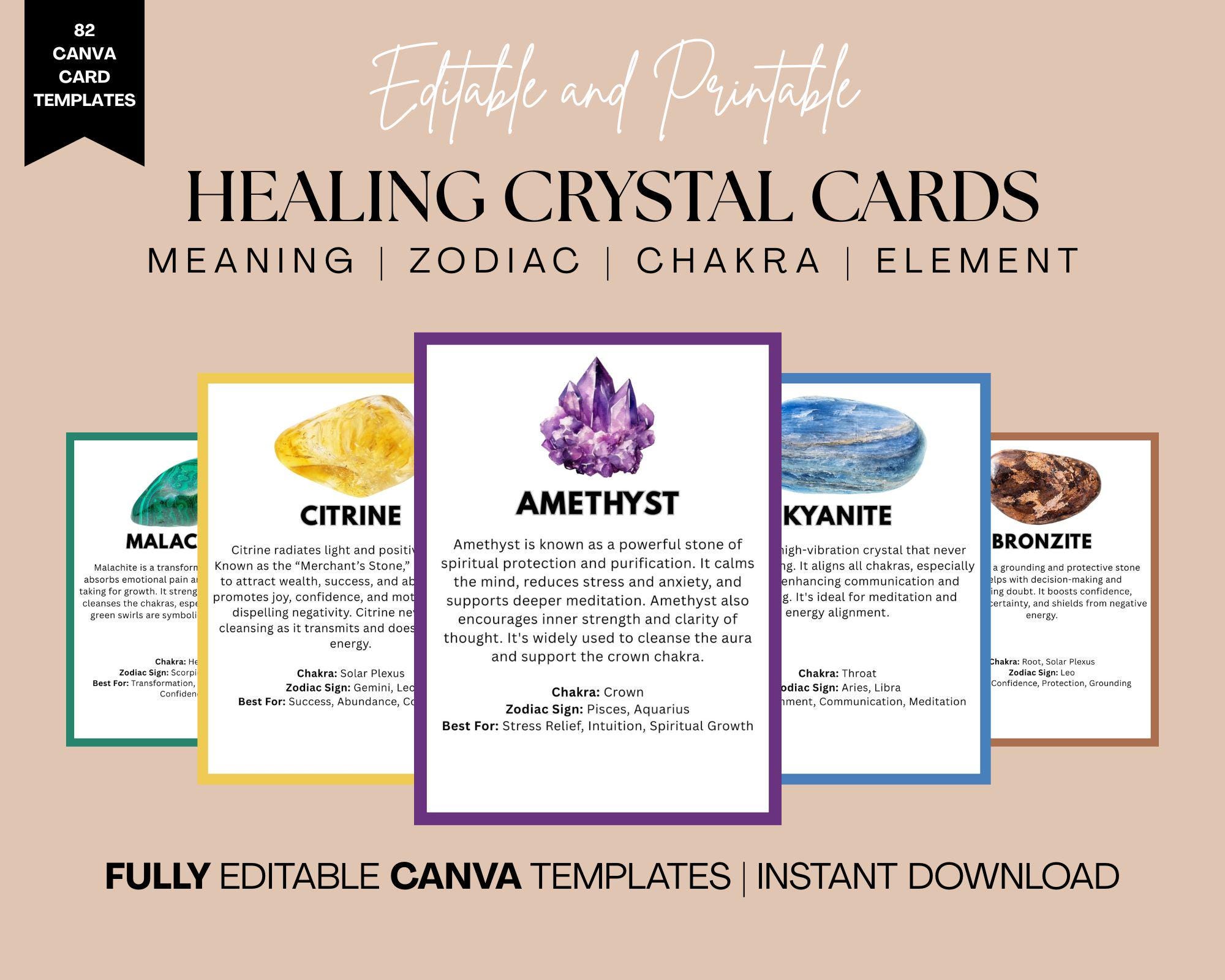 82 Printable Crystal Meaning Cards, Printable Gemstone Meaning Cards, Personal and Commercial Use, Crystal Healing and Wellness Guides