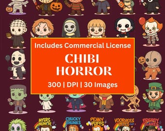 Chibi Horror Movie Villains PNG Bundle | Cute Halloween Clipart | Scary Movie Characters | Sublimation Stickers Digital Download