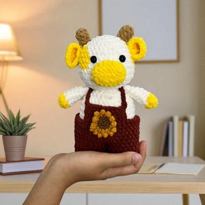 Sunflower Cow Crochet Plush – Handmade Stuffed Cow Toy in Overalls, Cute Gift for Her, Farm Animal Plushie, Cottagecore Decor