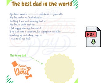 May include: A printable Father's Day questionnaire with fill-in-the-blank prompts. The design includes orange mustache and bow tie graphics, along with the text "The best dad in the world." A PDF icon is in the upper right corner.