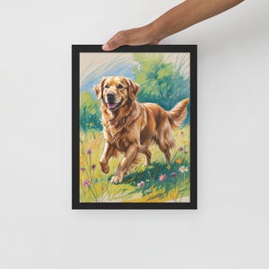 Golden Retriever Joyful Run – Vibrant Dog Wall Art in Meadow Landscape for Animal & Nature Lovers