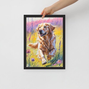 Golden Retriever Wall Art – Happy Dog Running in Meadow – Framed Poster for Dog Lovers & Pet Owners