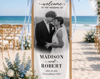 Custom Photo Wedding Welcome Sign, Personalized Linen Wedding Banner With Names and Date, Couple Portrait Wedding Decor