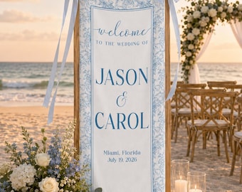 Personalized Wedding Welcome Sign, Toile Vertical Wedding Banner, Wedding Signage With Names, Wedding Entrance Decor, Floral Wedding Sign