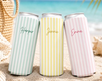 Personalized Name Monogrammed Slim Can Cooler,  Beach Bachelorette Favors, Stripe Skinny Can Cooler, Bridal Party Gift, Bridesmaid Gifts