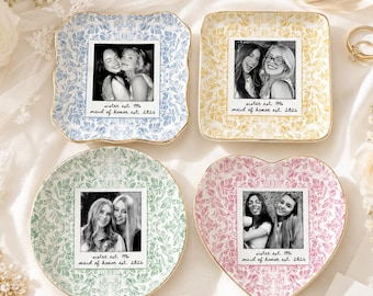 Personalized Photo Maid of Honor Jewelry Dish: Toile de Jouy Ring Dish, Ceramic Trinket Tray Gift for Sister, Bridesmaid Gift