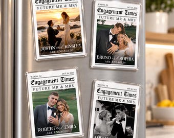 Personalized Engagement Photo Newspaper Magnet, Engagement Gift For Couples, Custom Future Mr & Mrs Picture Keepsake