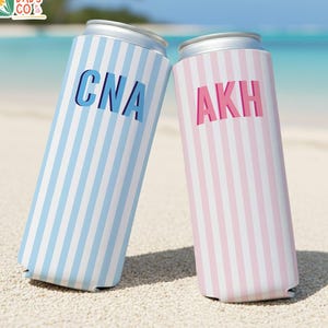 Monogram Bachelorette Slim Can Cooler, Personalized Name Coastal Bach Club Drink Sleeves,  Beach Bachelorette Bridal Party Favors