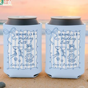 Seashells and Wedding Bells Bachelorette Can Coolers, Coastal Bachelorette Can Holder, Beach Bachelorette Party Favors, Bridal Party Favors