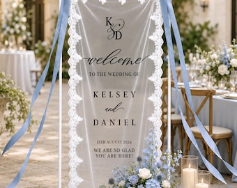 Personalized Lace Wedding Welcome Sign, Vertical Fabric Wedding Banner, Wedding Decor, Modern Ceremony Sign, Engagement Party Sign