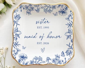 Custom Blue Toile Maid of Honor Jewelry Dish, Sister Trinket Ring Tray, Matron of Honor Gifts, Bridesmaid Gift