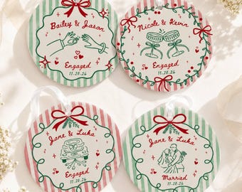First Christmas Engaged Ornament, Engagement Gift For Couples, Ceramic Married Ornament, Striped Wedding Ornament, Wedding Gift Newlyweds