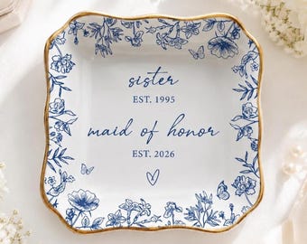 Custom Blue Toile Maid of Honor Jewelry Dish, Sister Trinket Ring Tray, Matron of Honor Gifts, Bridesmaid Gift