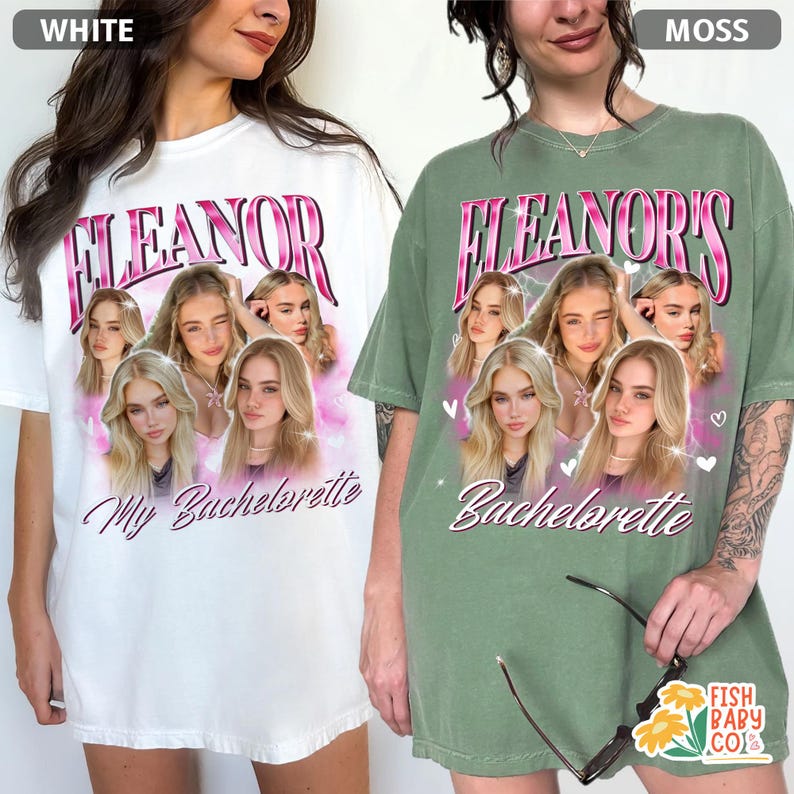 Pu&ograve; includere: T-shirt bianche e verde muschio con la scritta "Eleanor" in rosa, con un collage di immagini di una donna. La maglietta bianca dice "My Bachelorette" e la maglietta verde dice "Bachelorette".