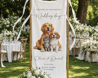 Personalized Pet Photo Wedding Welcome Sign, Custom Dog Cat Portrait Wedding Banner, Pet Ceremony Party Bridal Shower Sign