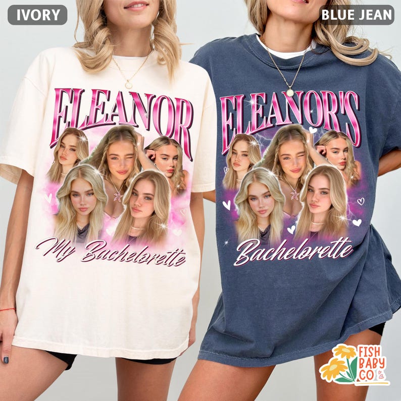 Pu&ograve; includere: T-shirt avorio e blu jeans con la scritta "ELEANOR" e "My Bachelorette" stampata sul davanti. Le magliette presentano una grafica del volto di una donna. Il logo Fish Baby Co. &egrave; visibile sulla maglietta blu jeans.
