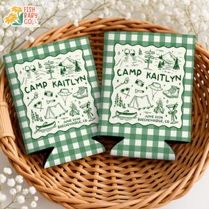 Camp Bachelorette Can Cooler, Bachelorette Camping Drink Holder, Camp Themed Bridal Party Favors, Custom Location Bridesmaid Gifts