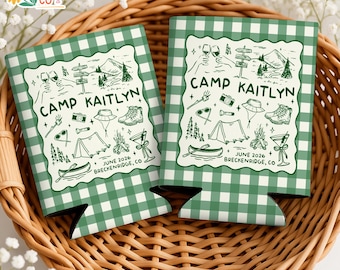 Camp Bachelorette Can Cooler, Bachelorette Camping Drink Holder, Camp Themed Bridal Party Favors, Custom Location Bridesmaid Gifts