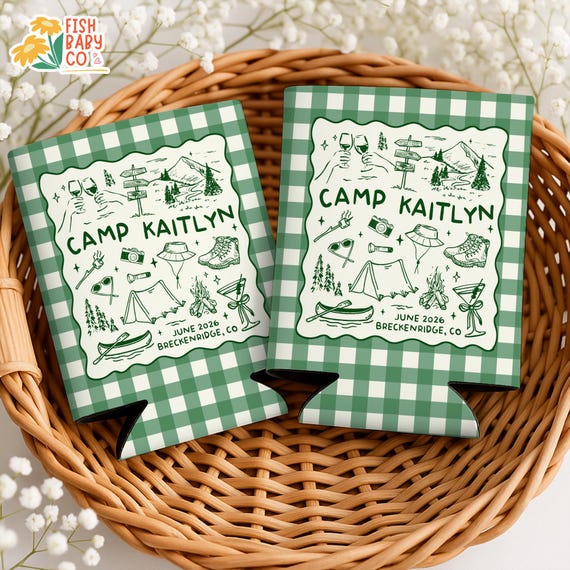 Camp Bachelorette Can Cooler, Bachelorette Camping Drink Holder, Camp Themed Bridal Party Favors, Custom Location Bridesmaid Gifts