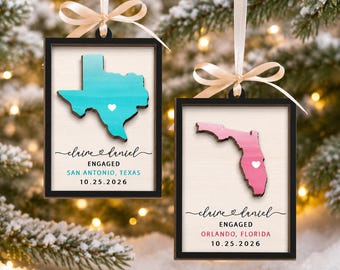 Custom Engagement Ornament, Personalized Watercolor Engagement Map Ornament, Newly Engaged Gift, Wedding Anniversary Gift For Couple