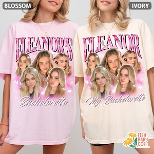 Pu&ograve; includere: Due magliette oversize, una rosa fioritura e una avorio, presentano un design grafico. Il design include il nome "Eleanor's" in un carattere rosa stilizzato, insieme a pi&ugrave; immagini di una donna e ai testi "Bachelorette" e "My Bachelorette".