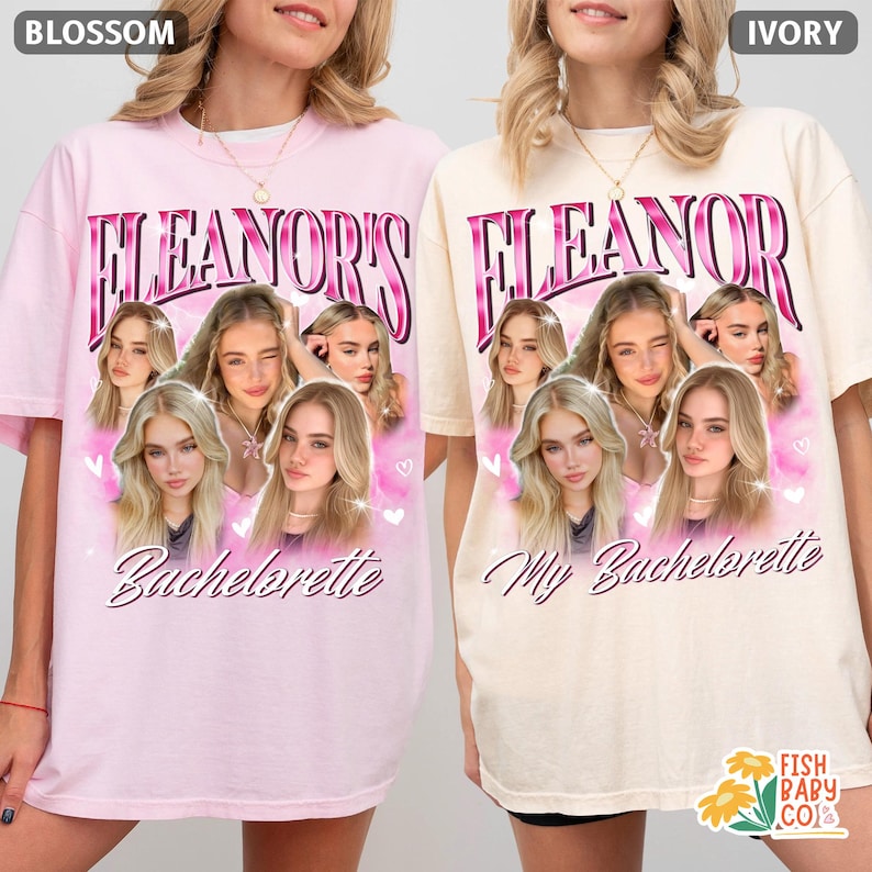 Pu&ograve; includere: Due magliette oversize, una rosa fioritura e una avorio, presentano un design grafico. Il design include il nome "Eleanor's" in un carattere rosa stilizzato, insieme a pi&ugrave; immagini di una donna e ai testi "Bachelorette" e "My Bachelorette".
