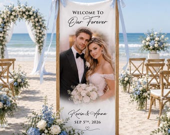 Personalized Photo Wedding Welcome Sign, Fabric Wedding Banner, Picture Wedding Decor, Engagement Party Welcome Sign, Modern Ceremony Sign