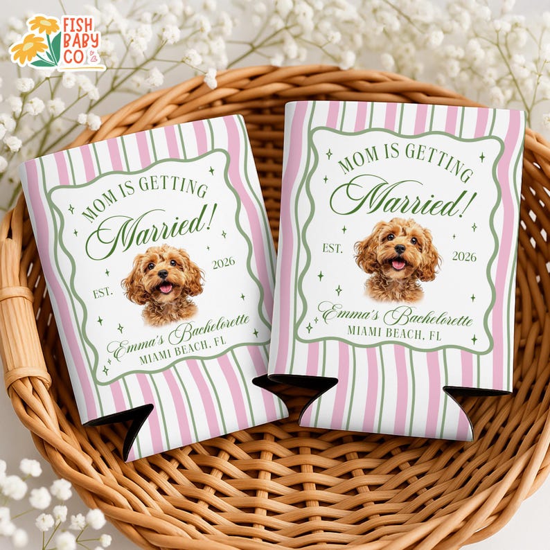 Mom Is Getting Married Dog Can Cooler, Custom Dog Photo Bachelorette Party Favor, Pet Bach Can Cooler image 1