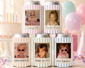 Enfriador de latas personalizado con foto y rayas para cumpleaños, funda para bebidas con foto personalizada, recuerdo para fiesta de 30 o 40 cumpleaños