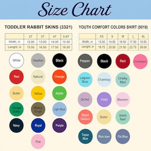 Puede incluir: Una tabla de tallas para pieles de conejo para ni&ntilde;os peque&ntilde;os y camisetas Youth Comfort Colors. La tabla incluye medidas en pulgadas para el ancho y el largo, junto con una paleta de colores.