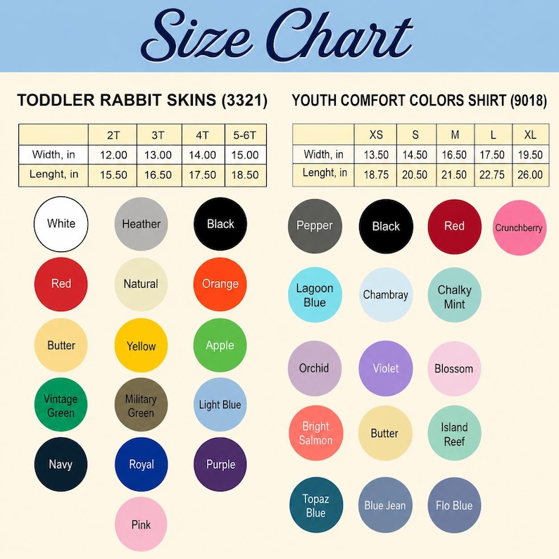 Puede incluir: Una tabla de tallas para pieles de conejo para ni&ntilde;os peque&ntilde;os y camisetas Youth Comfort Colors. La tabla incluye medidas en pulgadas para el ancho y el largo, junto con una paleta de colores.