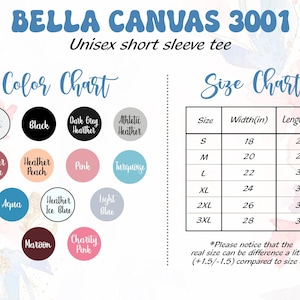 Pu&ograve; includere: Tabella colori e taglie per una t-shirt unisex a maniche corte Bella Canvas 3001. La tabella colori mostra vari colori come bianco, nero, rosa e turchese. La tabella taglie elenca le taglie dalla S alla 3XL con misure in pollici.