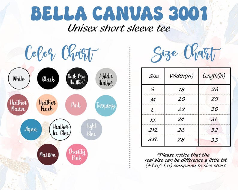Pu&ograve; includere: Tabella colori e taglie per una t-shirt unisex a maniche corte Bella Canvas 3001. La tabella colori mostra vari colori come bianco, nero, rosa e turchese. La tabella taglie elenca le taglie dalla S alla 3XL con misure in pollici.