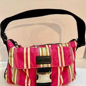 Vintage Y2K Ralph Lauren Mini Shoulder Bag – Pink Striped Nylon Purse with Buckle – 2000s Preppy Core Retro