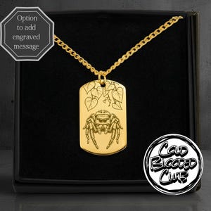 Jumping Spider Leaf Engraved Tag Necklace - Custom Personalised Message Option - Stainless Steel Polished Or 18k Gold Plated