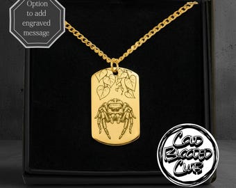 Jumping Spider Leaf Engraved Tag Necklace - Custom Personalised Message Option - Stainless Steel Polished Or 18k Gold Plated