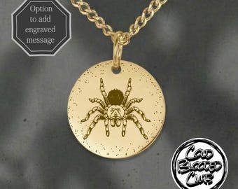 Tarantula Coin Necklace • Engraved Spider Pendant • Personalized Entomology Gift • Round Gold Charm • Minimalist Arachnid Jewelry • Pet