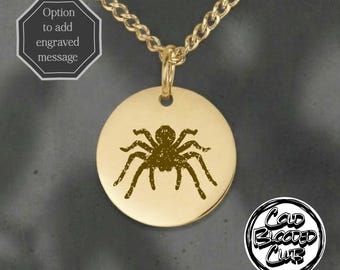 Grungy Tarantula Coin Necklace • Engraved Spider Pendant • Personalized Entomology Gift • Round Gold Charm • Minimalist Arachnid Jewelry