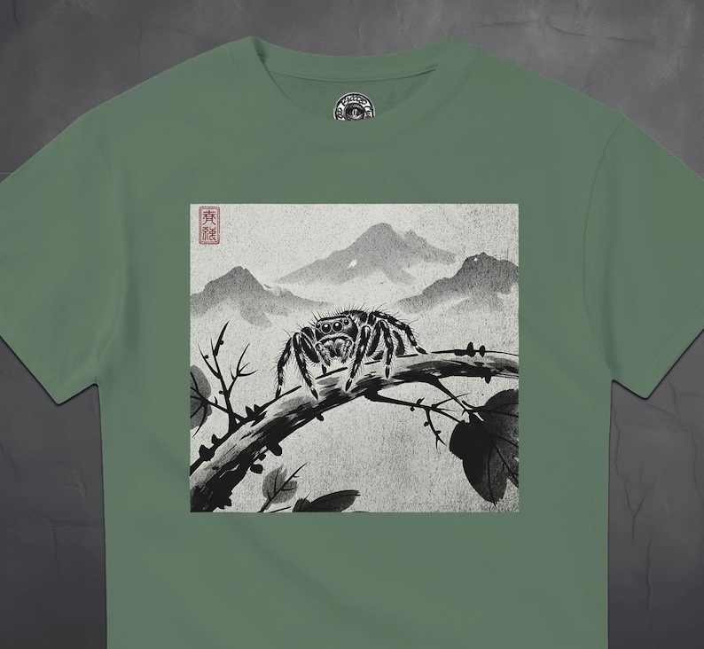 Hoppande spindel T-shirt - japansk bläckstil - gotisk natur T-shirt - läskig söt estetik - present till spindelälskare bild 3