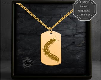 Tausendfüßler Gravierte Tag Halskette - Benutzerdefinierte personalisierte Nachrichtenoption - Unisex - Edelstahl Poliert oder Vergoldet